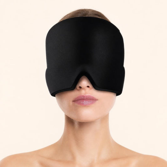 Calmcap gel cap worn over the eyes, front view